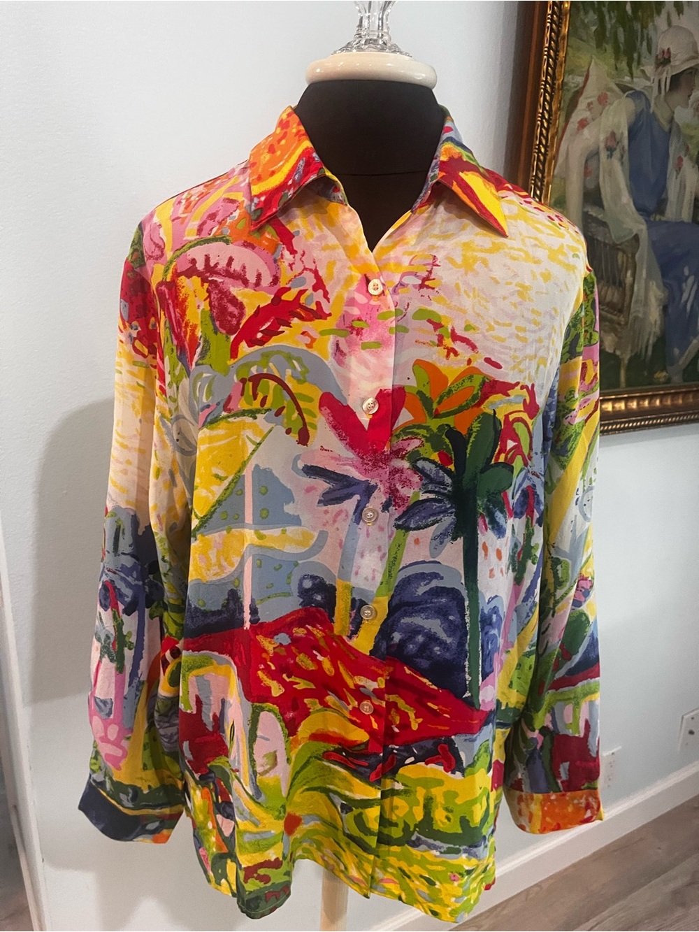 Michael Leu Scenic Watercolor Blouse Vintage Large